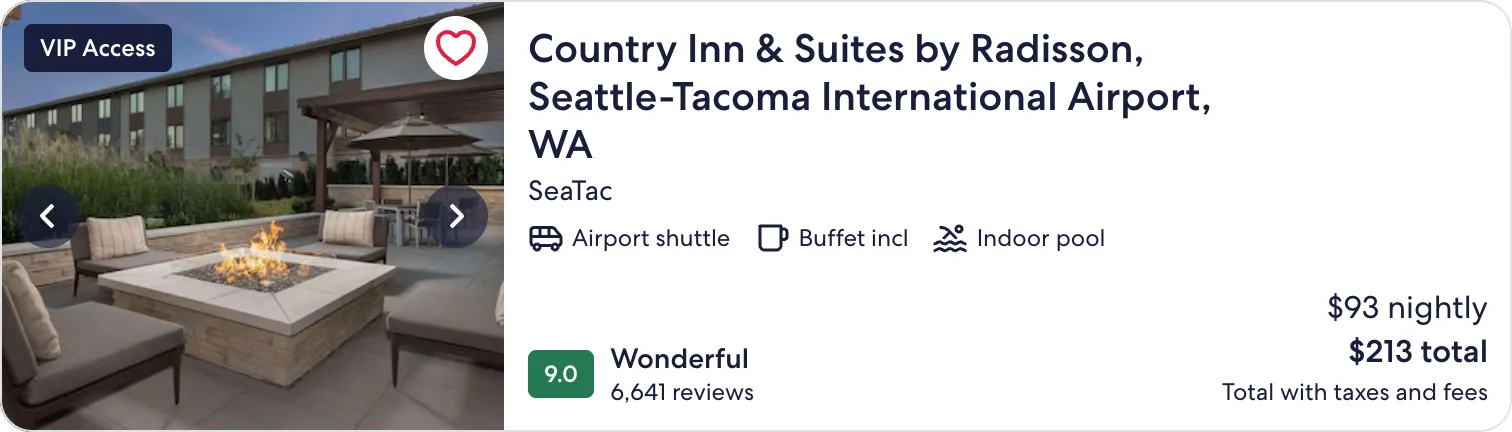 Expedia lodging card for Country Inn and Suites by Radisson, Seattle Tacoma Airport: a photo with a VIP Access badge, the hotel name, area, three amenities, a 9.0 Wonderful rating from 6,641 reviews, and $93 nightly, $213 total with taxes and fees.