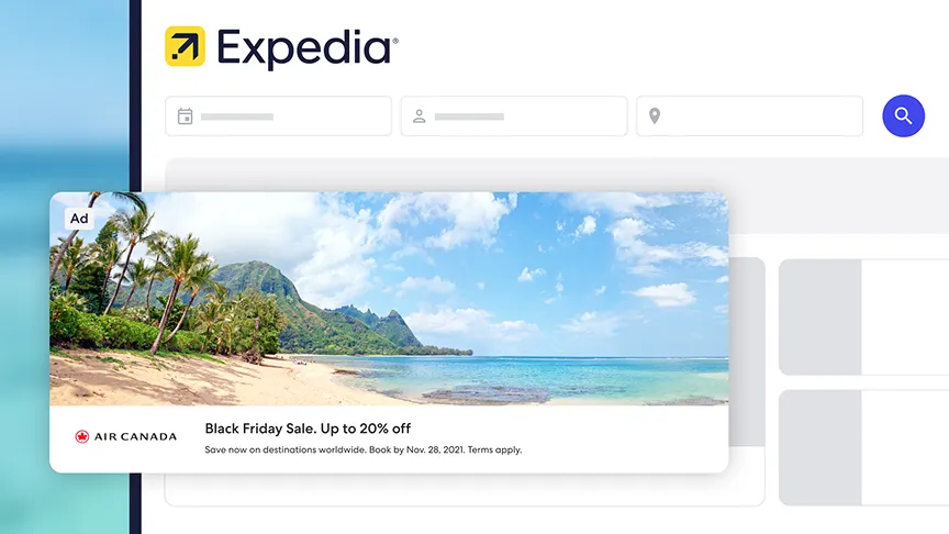 Native Marquee Card for Air Canada under the Expedia search box: a beach photo, an Ad label and a short headline.