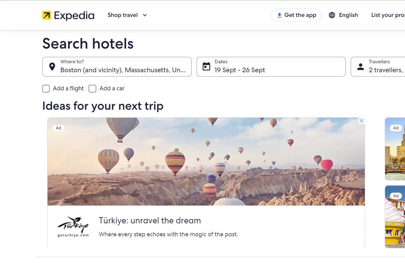 Native Marquee Card for Türkiye: hot air balloons over Cappadocia with the GoTürkiye logo and a short headline.