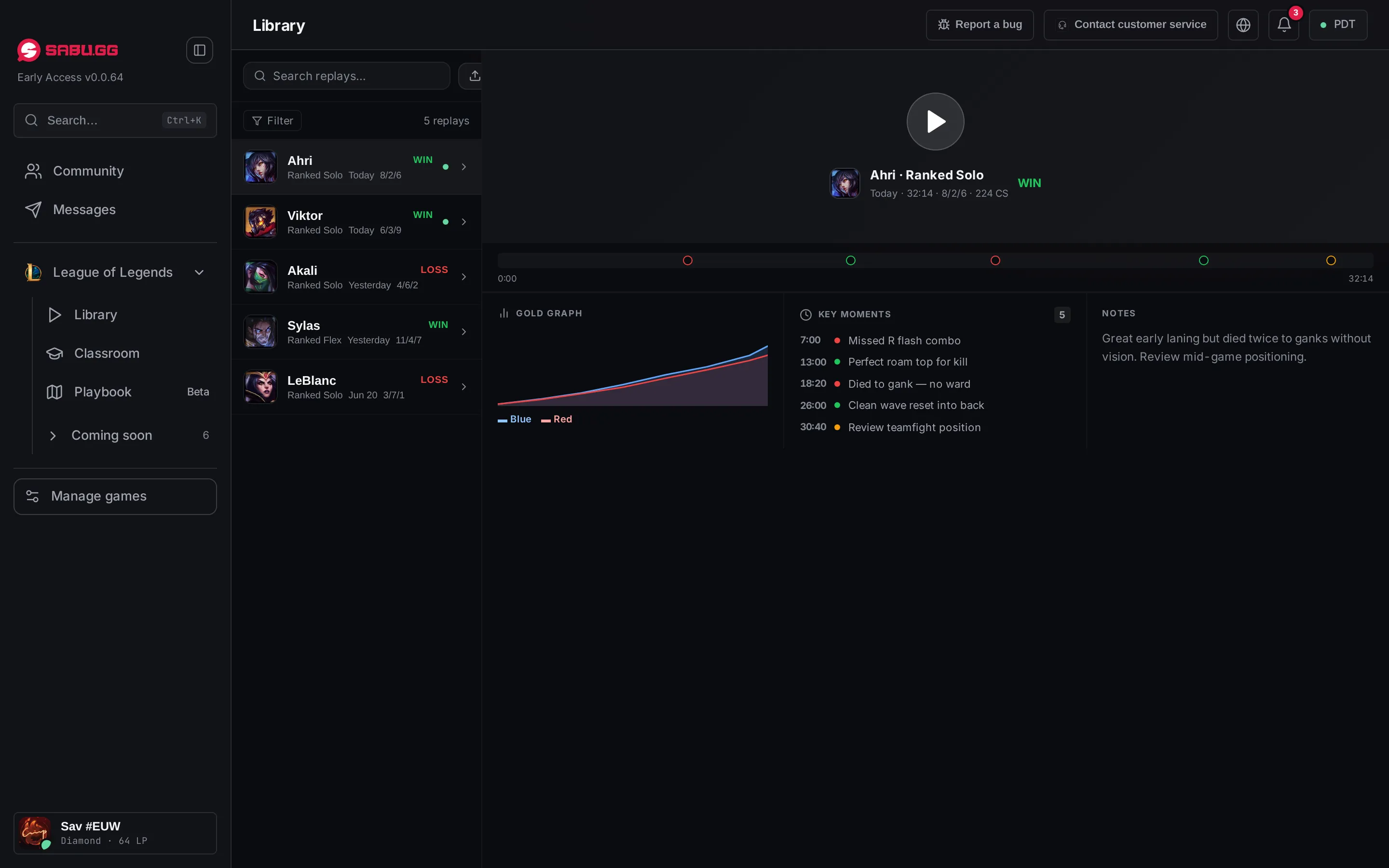 Replays: a list of games and a gold graph with key moments for the selected game.